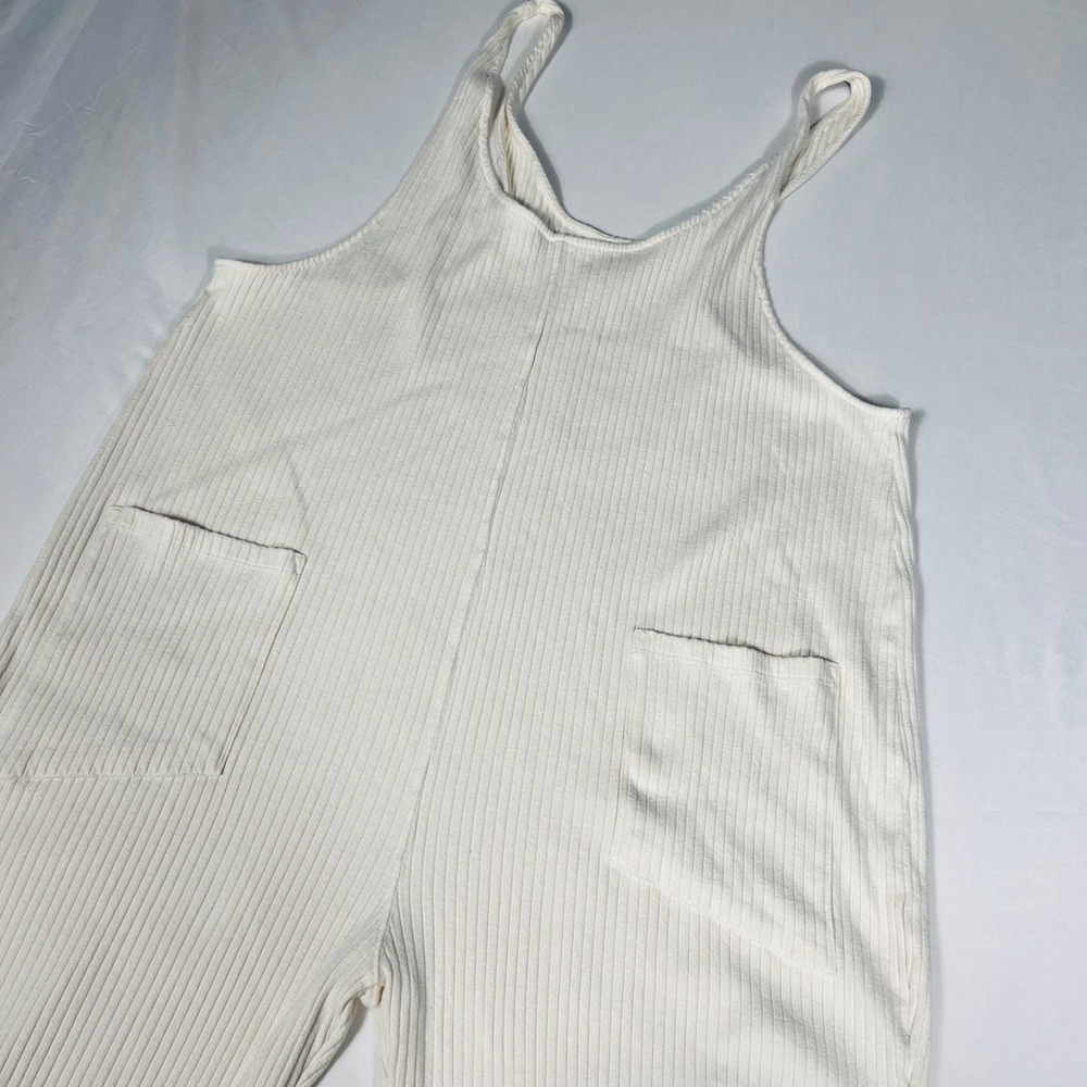 For Days Women XXL Ribbed Knit Overalls Cream Organic Recycled Cotton Jumpsuit